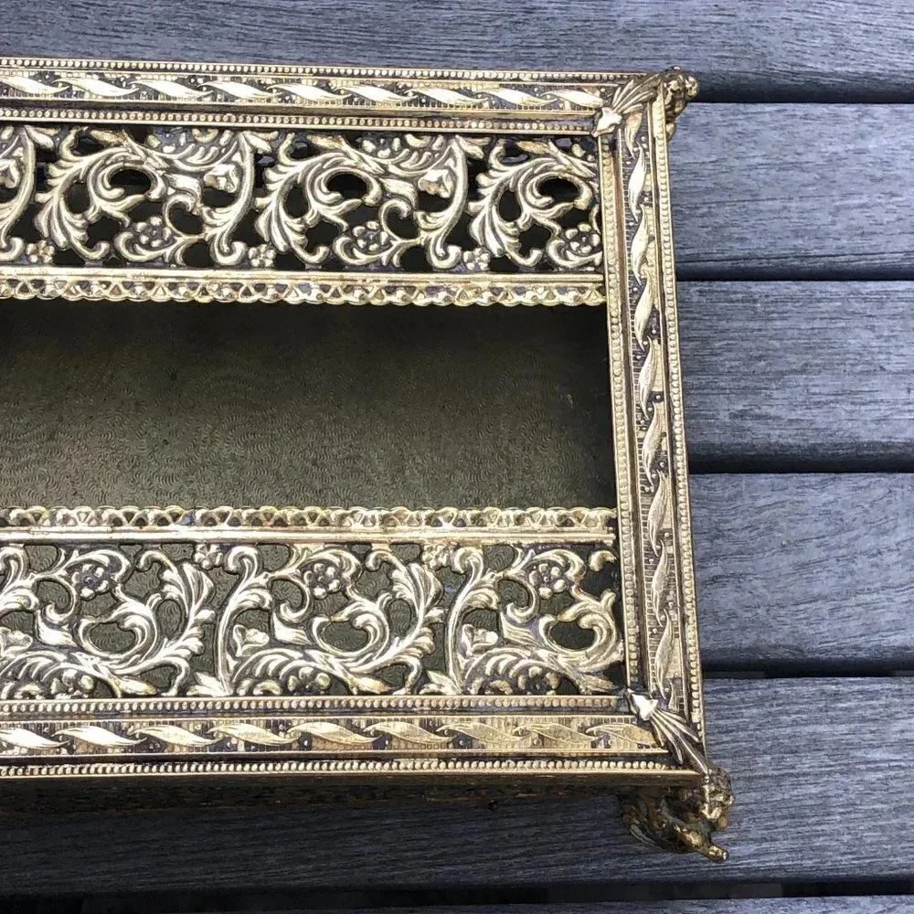 Hollywood Regency Gold Metal Cherub Filagree Tissue Holder